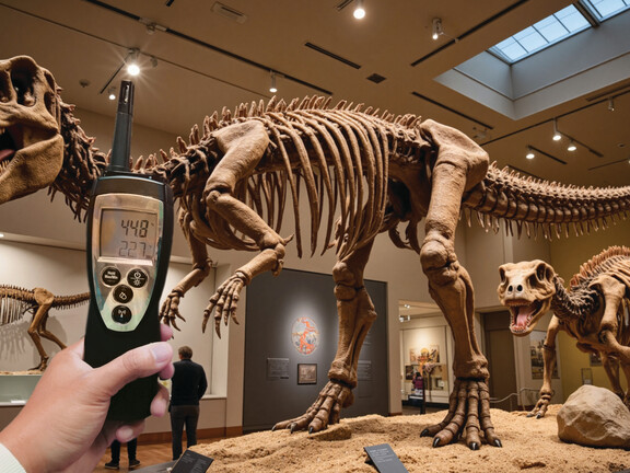 Dinosaur shown in museum with  hygrometer